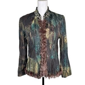 Vintage Fur Trim Jeweled Blazer Multicolor Size Medium Passion Concept